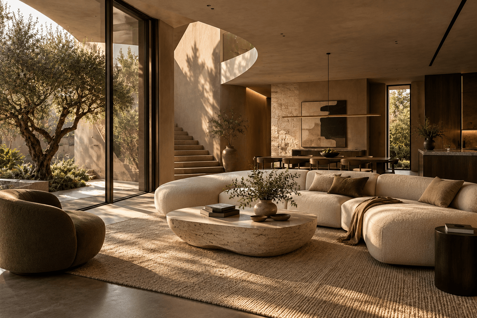 A living room opening to an olive garden, with a curved bouclé sofa, a travertine table and a stone stair